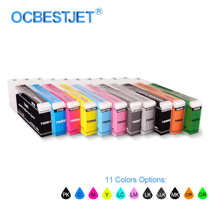 T8061-T8069 T806A T806B Compatible Ink Cartridge Filled With Pigment Ink For Epson SureColor P7080 P9080 (11 Colors Options)
T8061-T8069 T806A T806B Compatible Ink Cartridge Filled With Pigment Ink For Epson SureColor P7080 P9080 (11 Colors Options)