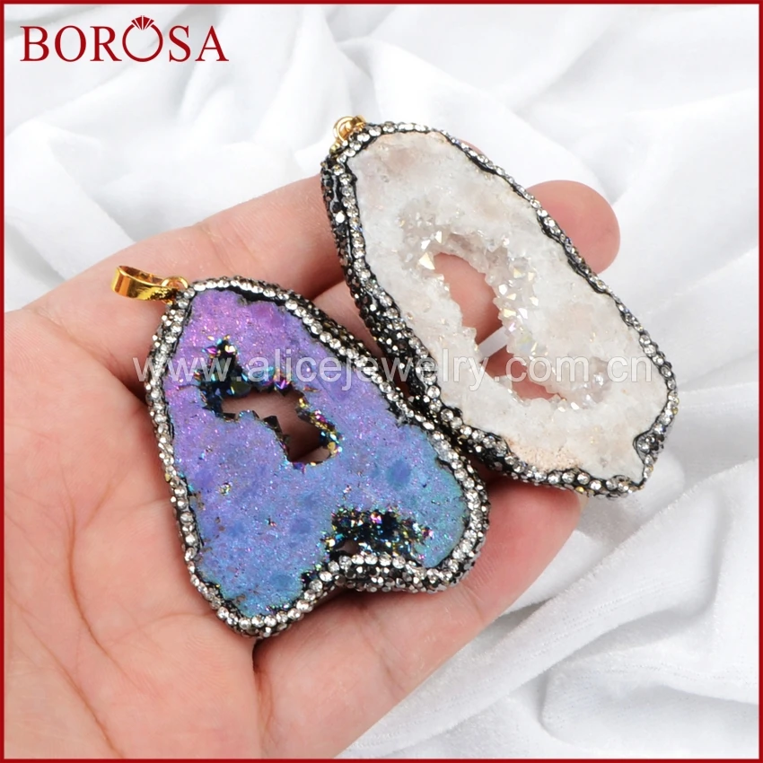 BOROSA New Rainbow Crystal Druzy Quartz Slice Pendant Bead Paved Zircons JAB233