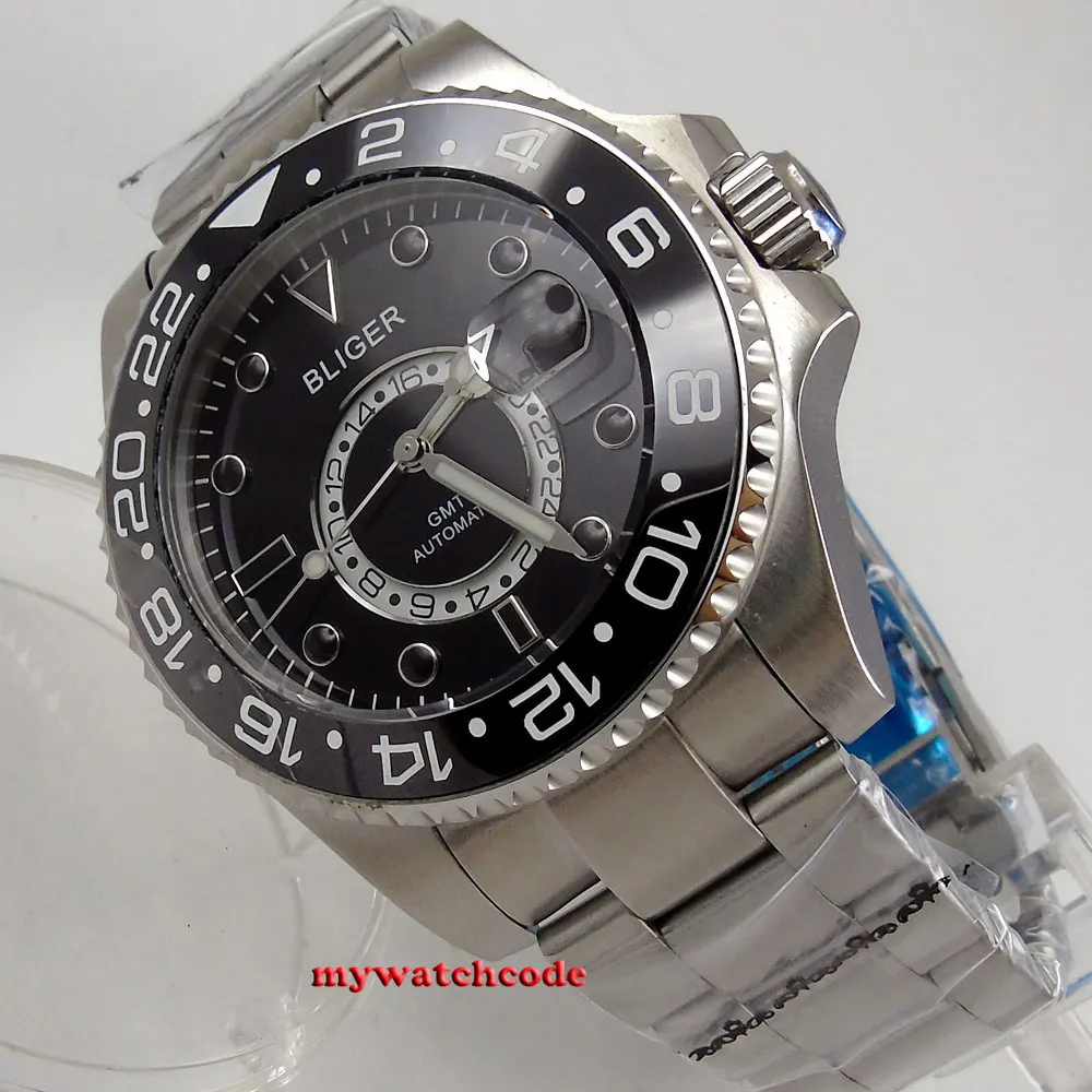 43mm bliger black dial black marks date window GMT sapphire glass automatic mens watch
43mm bliger black dial black marks date window GMT sapphire glass automatic mens watch