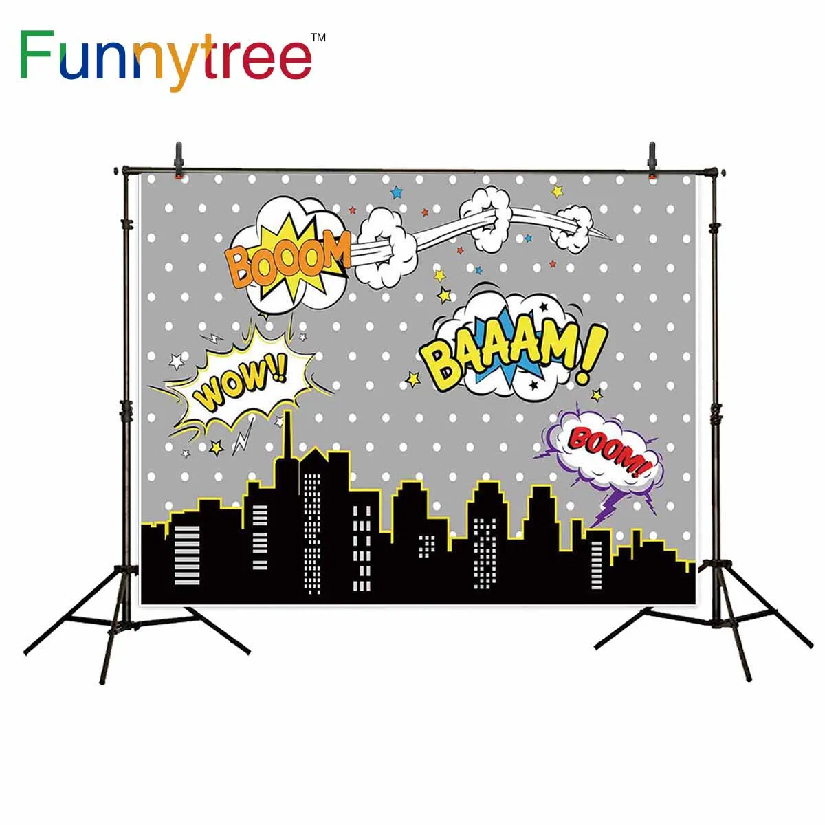 Фоны Funnytree для фотостудии супергерой ночной город мультфильм дети горошек комикс