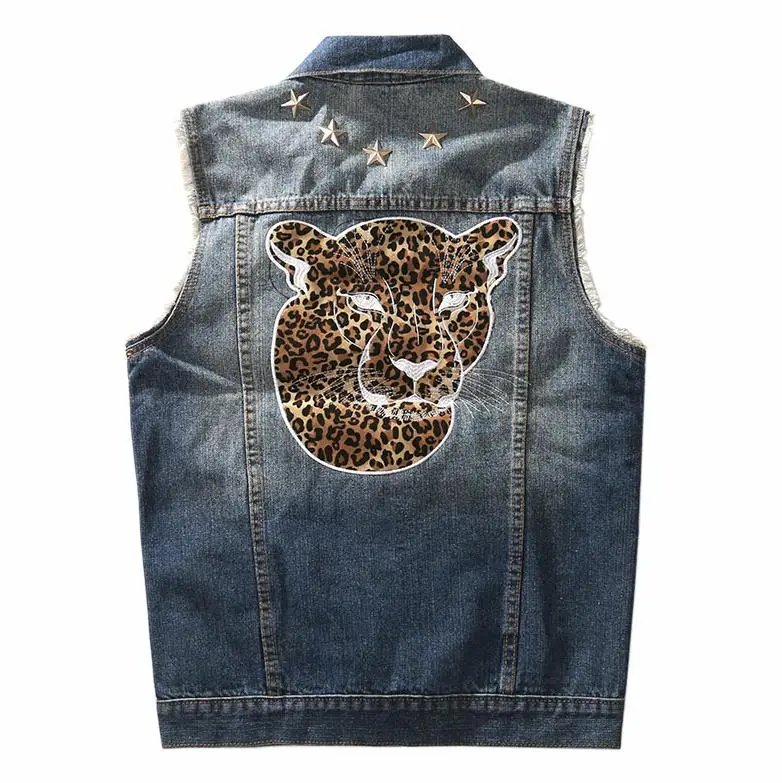 Мужской джинсовый жилет с леопардовым принтом повседневные винтажные синие