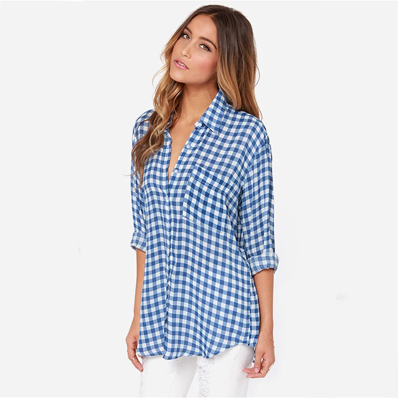 2021 New Long Sleeve Casual Fashion Simple Blue Checkered Shirt Single Row Button Sexy Lapel Shirt Women's Shirt
2021 New Long Sleeve Casual Fashion Simple Blue Checkered Shirt Single Row Button Sexy Lapel Shirt Women's Shirt