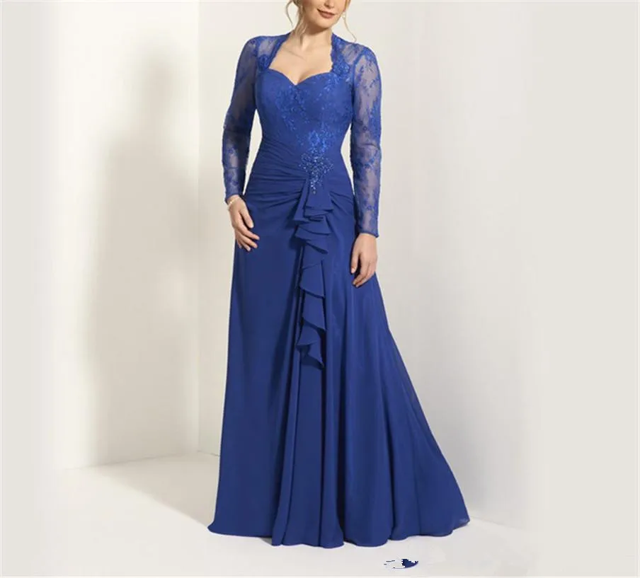 

Sweetheat Long Sleeves Applique Royal Blue Chiffon Mother of the Bride Dress Ruffles Front Keyhole Back A-line Maid Dresses