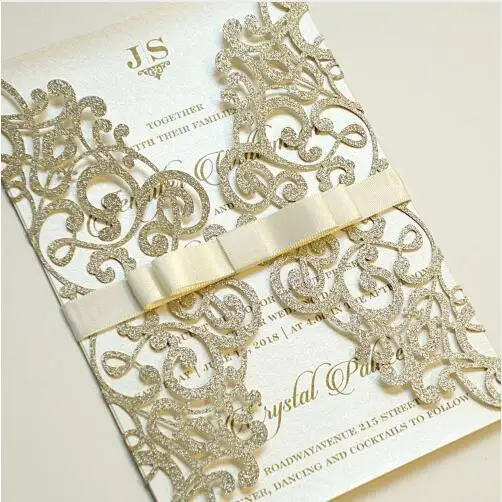 

Glitter Light Gold Invitation Card ,printing Insert Card ,tied Ivory Bow,buckle,printed Small Tag,long Band on Card