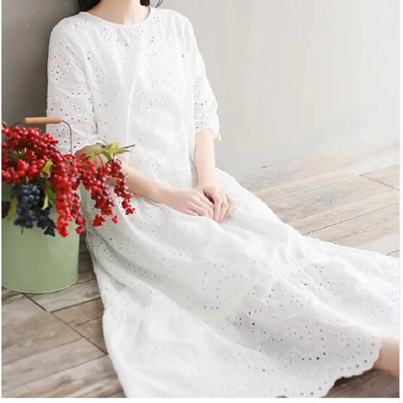 Mori Girl Embroidery Midi Dress Spring Summer Hollow Out White Cotton Dress Short Sleeve Elegant Party Vestido Longo
Mori Girl Embroidery Midi Dress Spring Summer Hollow Out White Cotton Dress Short Sleeve Elegant Party Vestido Longo