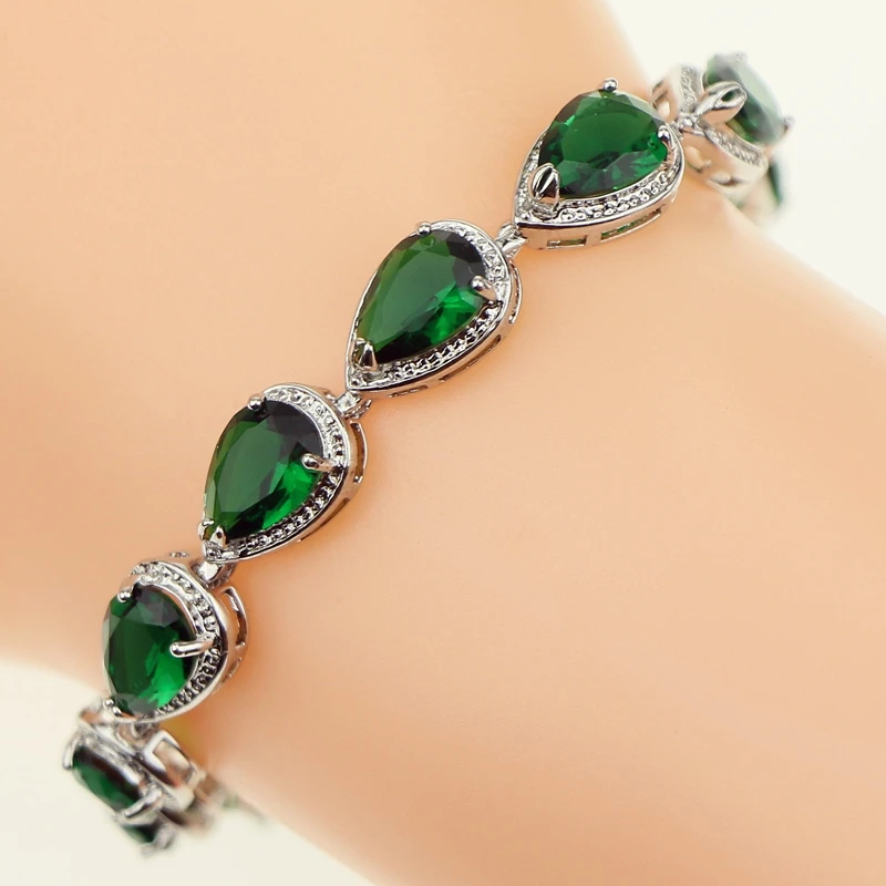 

Water Drop Simulated Green CZ Jewelery 925 Sterling Silver Jewelry Link Chain 18cm 21cm Bracelet For Women Free Gift Box
