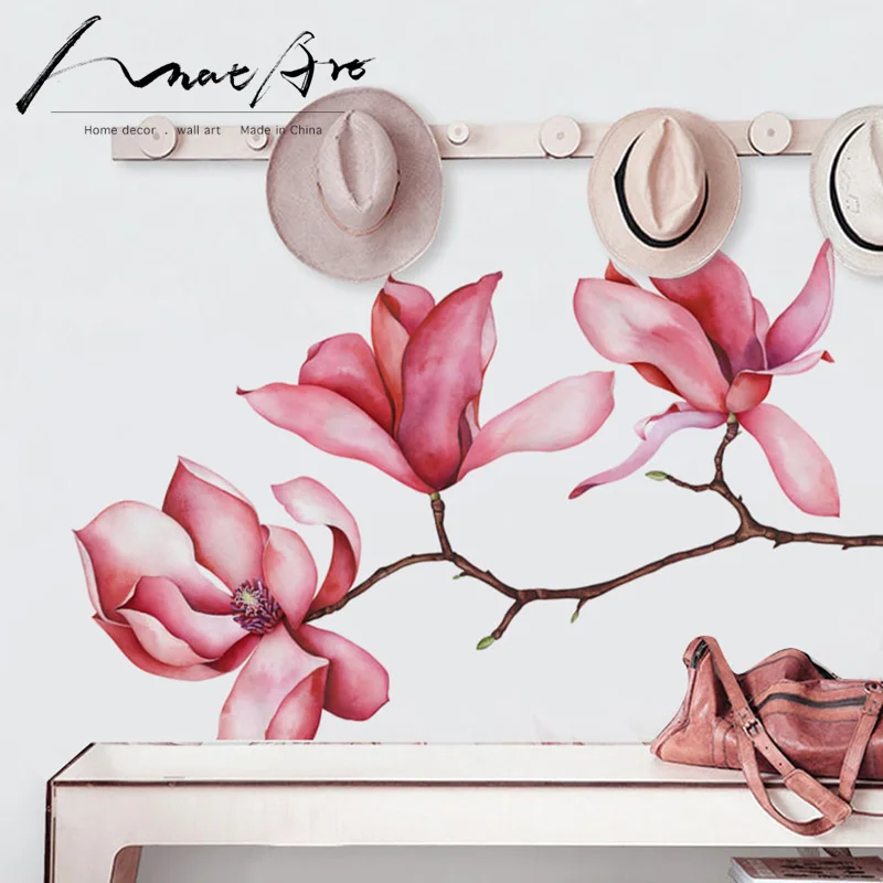 Pink flower wall sticker decoration Magnolia Painting, home bedroom, living room decor Modern home Sticker mural nordic style