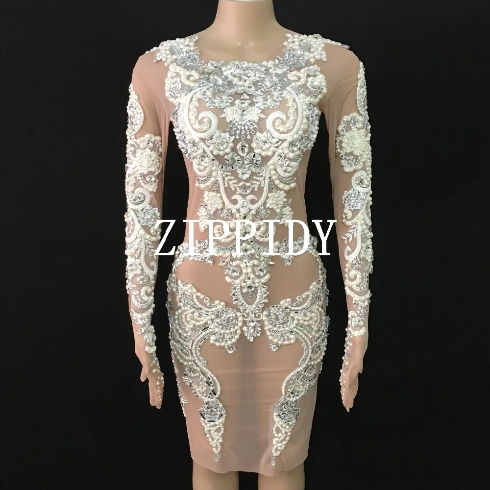 2018 блестящее кружевное Сетчатое платье с жемчугом сексуальные прозрачные платья