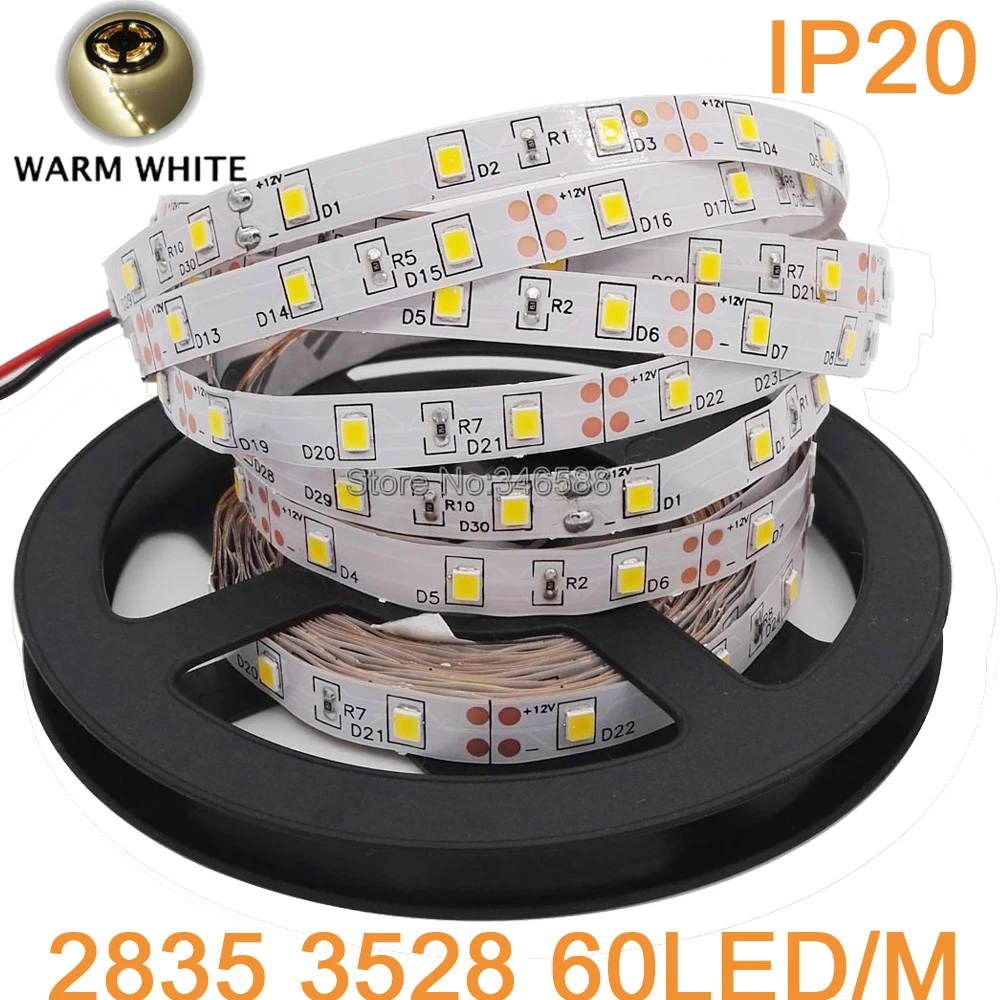 

5M/Roll 12V 300LEDs 60led/m 3528 2835 SMD Flexible LED Strip IP20 Non-Waterproof Warm White Color 3000-3500K 12V LED Tape Ribbon