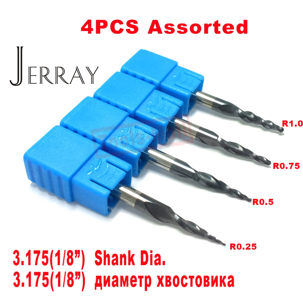 JERRAY 4PCS R0.25&0.5&0.75&1.0mm 3.175mm Shank HRC55 Tungsten Solid Carbide Tapered Ball Nose End Mills Cone CNC Milling Cutter
JERRAY 4PCS R0.25&0.5&0.75&1.0mm 3.175mm Shank HRC55 Tungsten Solid Carbide Tapered Ball Nose End Mills Cone CNC Milling Cutter