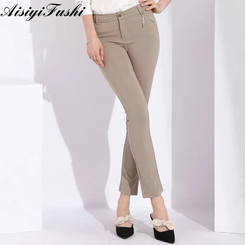 Офисные брюки цвета хаки женские с завышенной талией классические стрейч осень 35