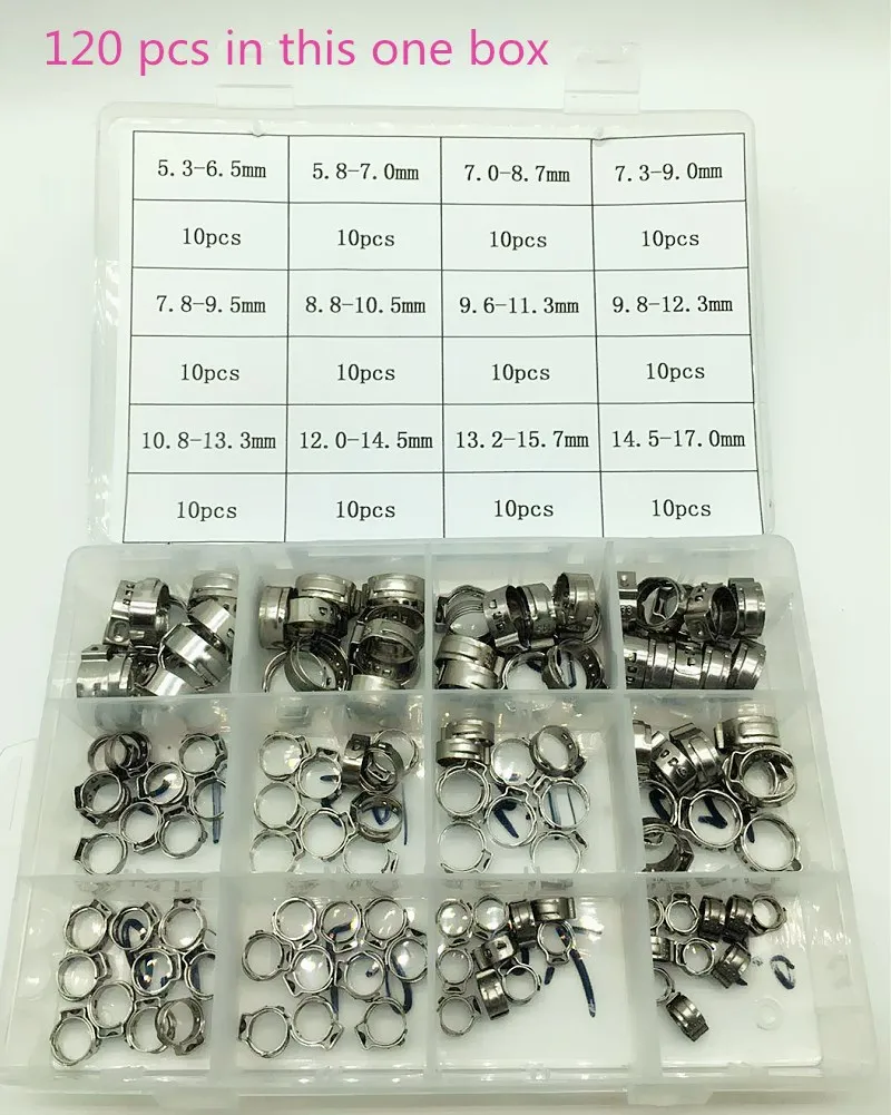 Free shipping Pipe Clamp High Quality 120 PCS Stainless Steel 304 Single Ear Hose Clamps Assortment Kit Single with box
Free shipping Pipe Clamp High Quality 120 PCS Stainless Steel 304 Single Ear Hose Clamps Assortment Kit Single with box
