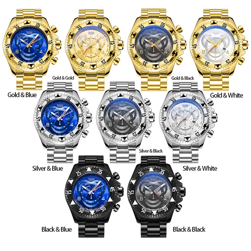 men wristwatches Large dial stainless steel temeite brand man watches waterproof calendar luxury gold blue fashion male clocks | Наручные
