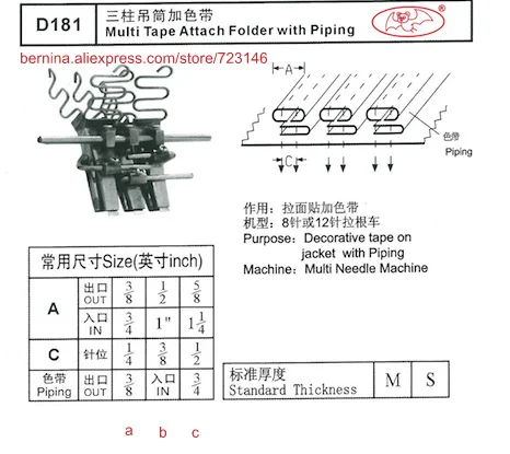 d181 multi tape attach folder with piping For 2 or 3 Needle Sewing Machines for SIRUBA PFAFF JUKI BROTHER JACK TYPICAL
d181 multi tape attach folder with piping For 2 or 3 Needle Sewing Machines for SIRUBA PFAFF JUKI BROTHER JACK TYPICAL