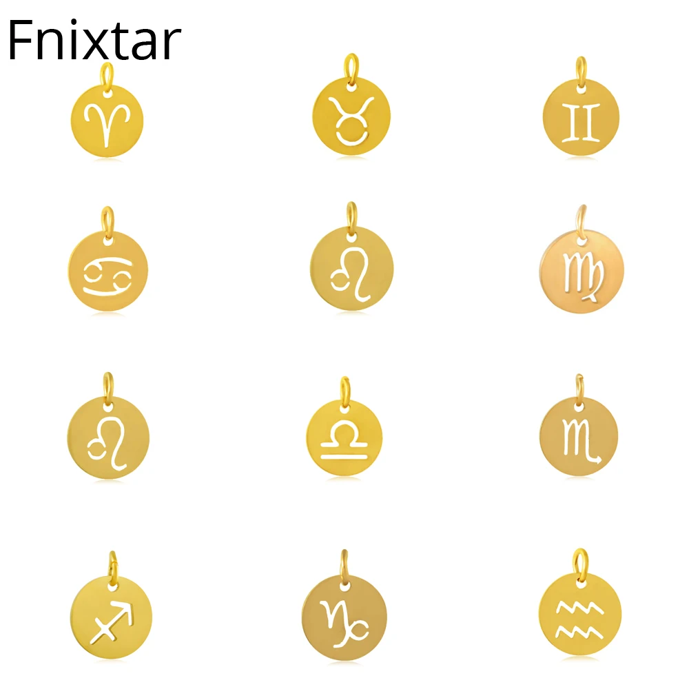 Fnixtar 12mm Stainless Steel Twelve Zodiac Charms DIY Constellation Mini Charms Gold Color Metal Charm Wholesale 12pcs/lot
Fnixtar 12mm Stainless Steel Twelve Zodiac Charms DIY Constellation Mini Charms Gold Color Metal Charm Wholesale 12pcs/lot