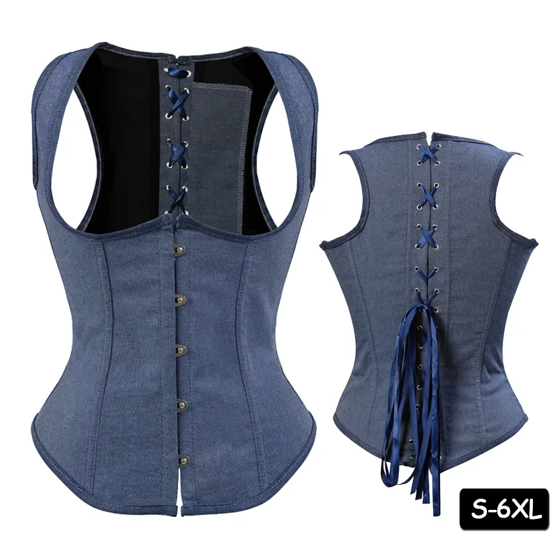 

Women's Lace Up Boned Underbust Corset Blue Denim Bustier Vest Top Steampunk Corsets Bustiers Waist Cincher Plus Size 5XL 6XL