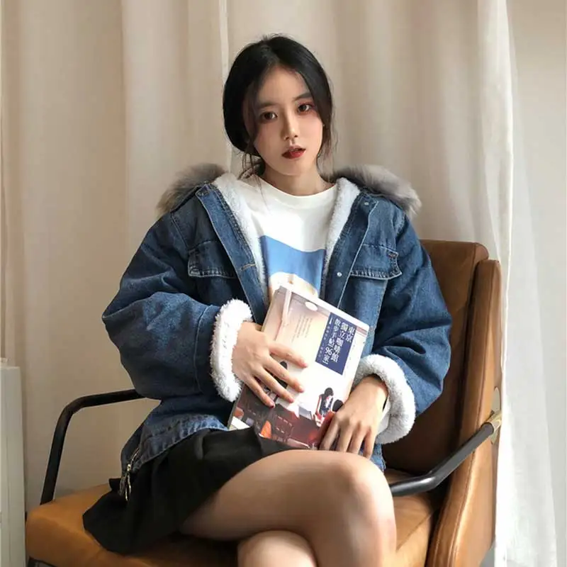 Autumn winter women's 2018 new Korean loose Thickening Fur collar denim jacket short paragraph Imitation lamb hair outwear Z039 | Женская