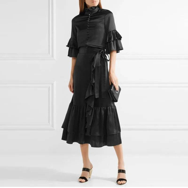 Modest Black Tea Length Mermaid Soft Satin Skirts Wraps With Sash Ruffles Elegant Mid Calf Female Skirt Zipper For Office Women
Modest Black Tea Length Mermaid Soft Satin Skirts Wraps With Sash Ruffles Elegant Mid Calf Female Skirt Zipper For Office Women