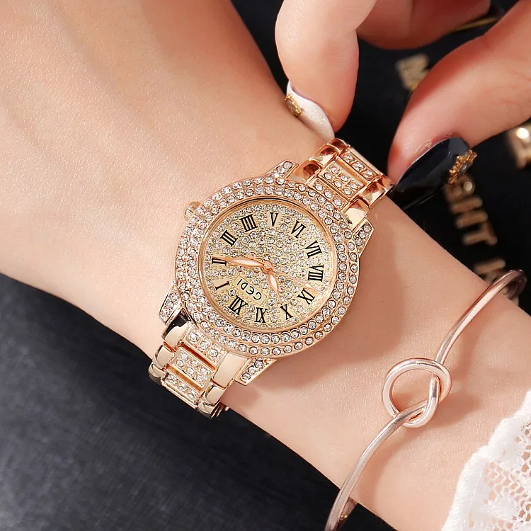 Женские кварцевые часы GEDI цвета розового золота с циферблатом полные стразы 2019 |