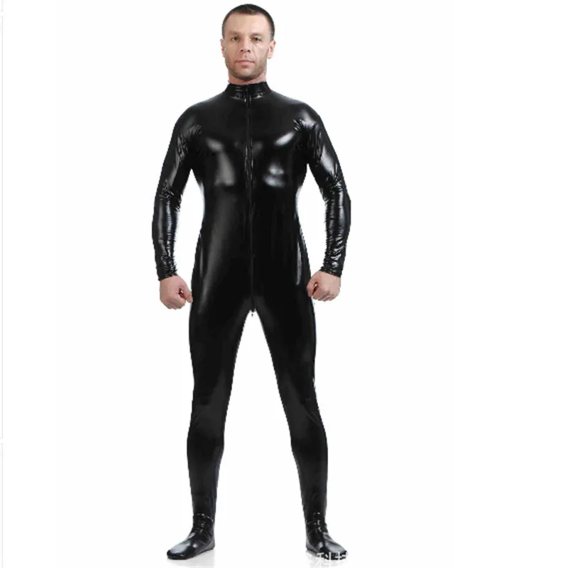 Высокого качества Для мужчин клей блестящие Zentai Костюмы без капюшона полный