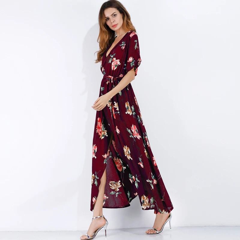 Yilia V-neck High Waist Side Split Sexy Summer Dress Women Short Sleeve Maxi Boho Beach Dress Plus Size Bohemian Party Dress
