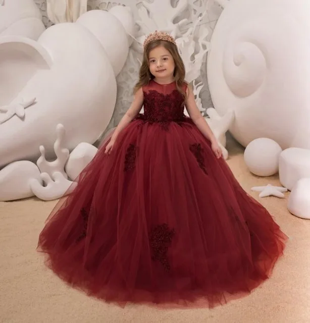 

Romantic Red Puffy Lace Flower Girl Dress for Weddings Tulle Ball Gown Girl Party Communion Dress Pageant Gown