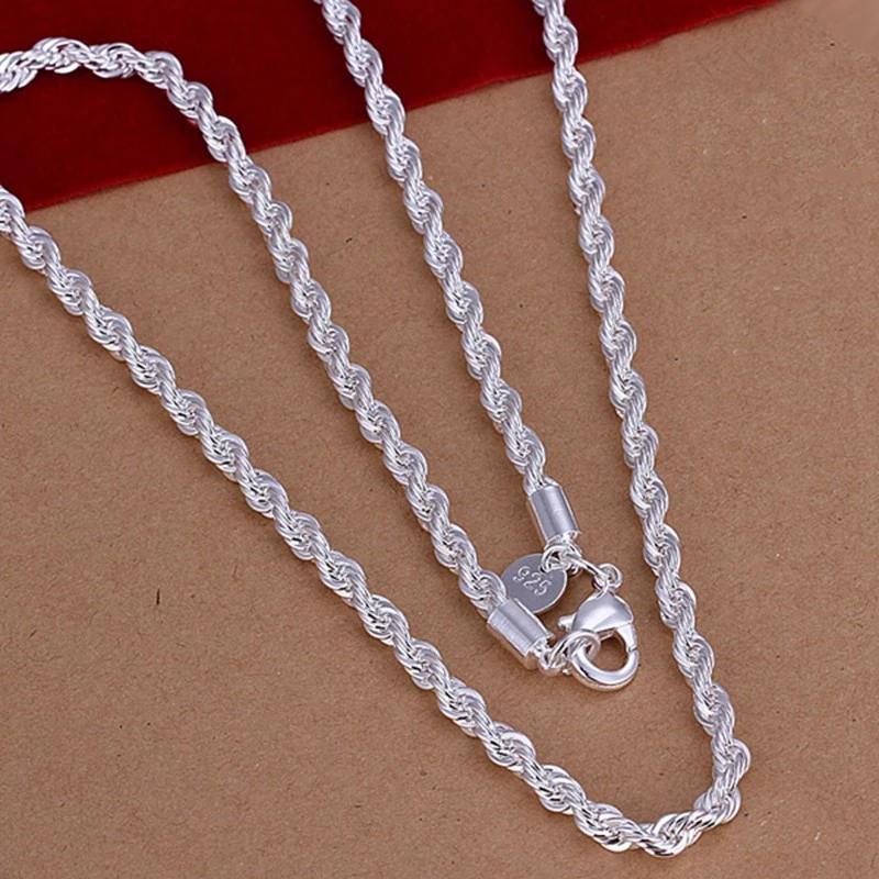 4 мм печать 925 Посеребренная витая веревочная цепочка Ожерелье для женщин и