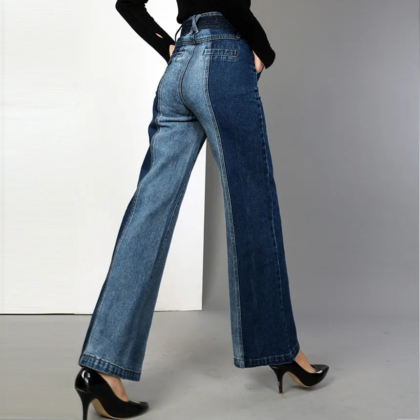 Джинсы женские с высокой талией модные прямые брюки из денима в стиле пэчворк