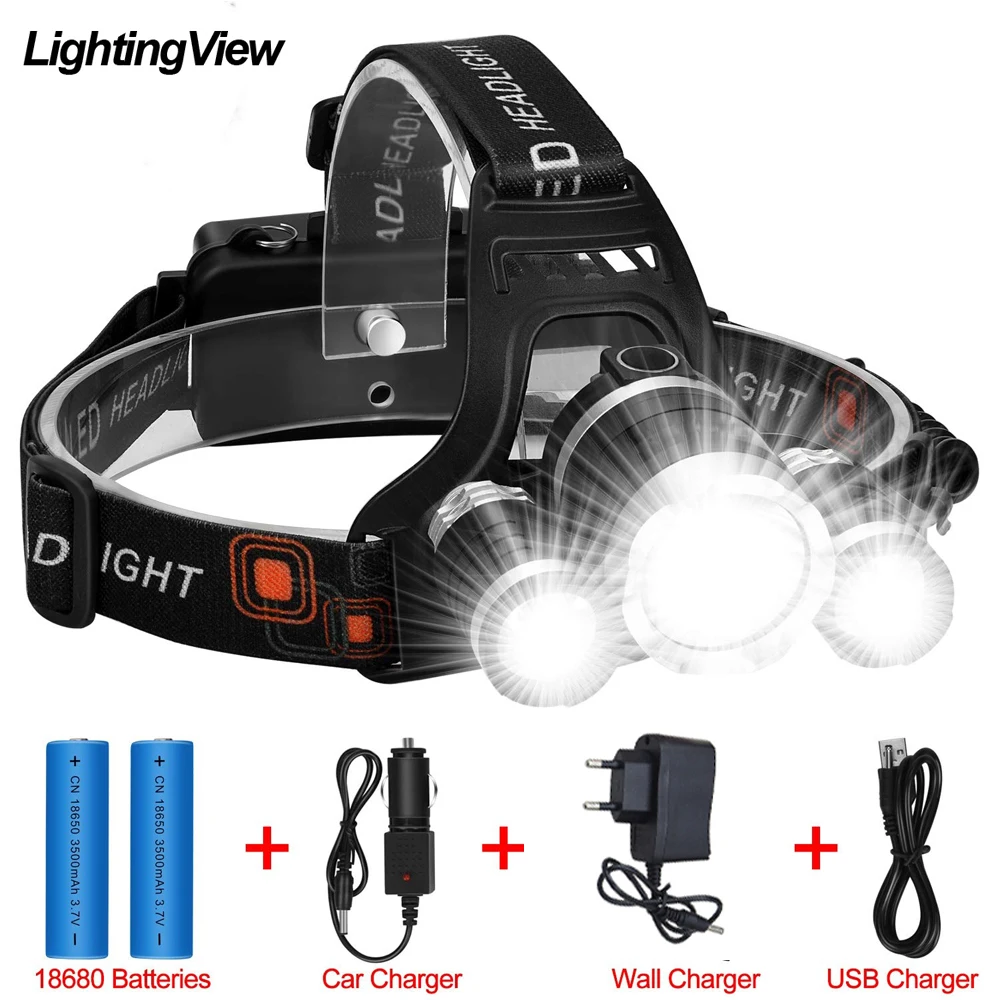Налобный фонарь Lightingview супер яркий 3 светодиодный 10000 люмен 4 режима освещения для