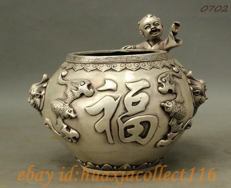 Folk Chinese Silver Auspicious Fu Bat PiXiu Lion Head Child Statue Pot Bowl Jar Medicine copper Decoration real Brass
Folk Chinese Silver Auspicious Fu Bat PiXiu Lion Head Child Statue Pot Bowl Jar Medicine copper Decoration real Brass