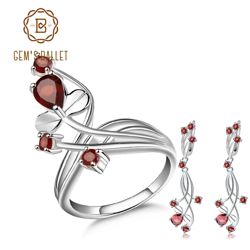 GEM'S BALLET 925 Sterling Silver Earrings Ring Set For Women Wedding Jewelry Natural Red Garnet Gemstone Flower Jewelry Set
GEM'S BALLET 925 Sterling Silver Earrings Ring Set For Women Wedding Jewelry Natural Red Garnet Gemstone Flower Jewelry Set