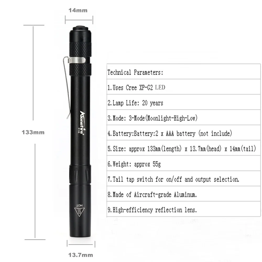 AloneFire P110 Mini Waterproof Flashlight Medical Surgical Emergency Reusable Pocket Pen Light Torch for Working Camping
AloneFire P110 Mini Waterproof Flashlight Medical Surgical Emergency Reusable Pocket Pen Light Torch for Working Camping