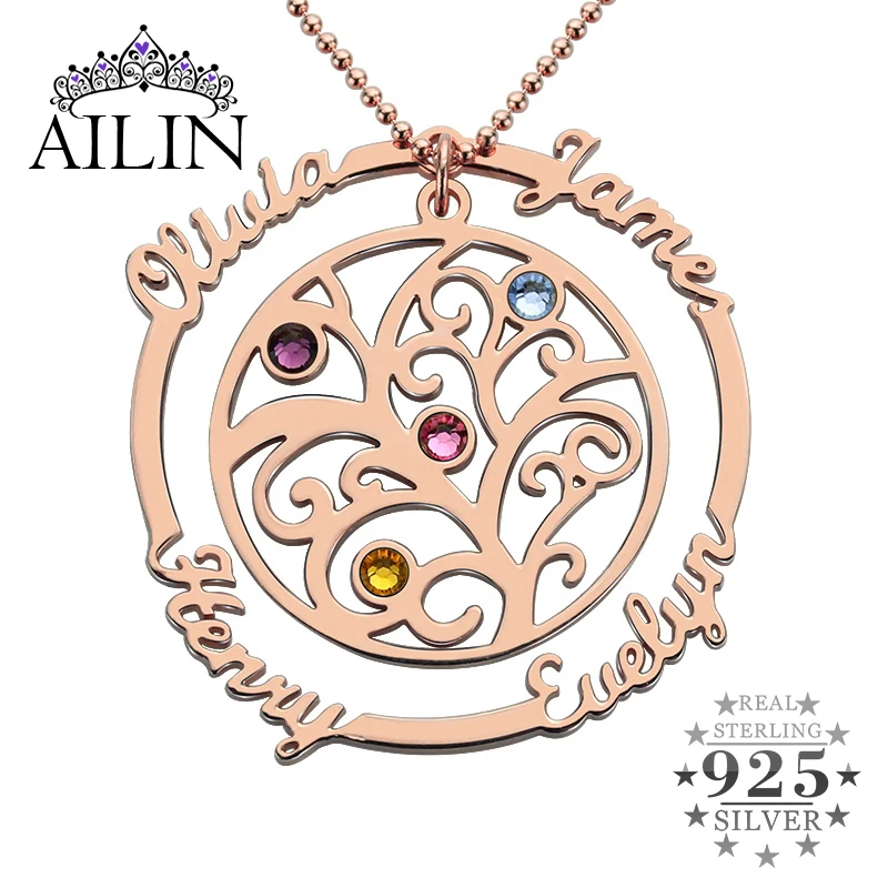 

AILIN Family Tree Necklace with Birthstone In Rose Gold Hand Stamped Mother Necklace Birthstone Necklace for Mom Grandmother