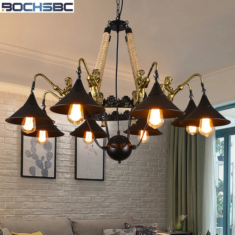 

BOCHSBC Loft Industry Metal Lampshade Hemp rope Pendant Lights for Living Room Cafe Bar Retro Creative Hanging Lamp Art Fixtures