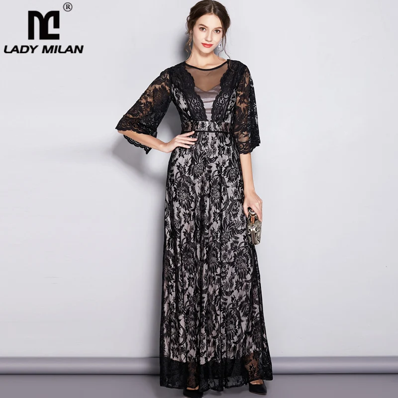 Women's Runway Designer Dresses O Neck Half Sleeves Embroidery Lace Sexy Tulle Laid Over Party Prom Elegant Long Dresses
Women's Runway Designer Dresses O Neck Half Sleeves Embroidery Lace Sexy Tulle Laid Over Party Prom Elegant Long Dresses