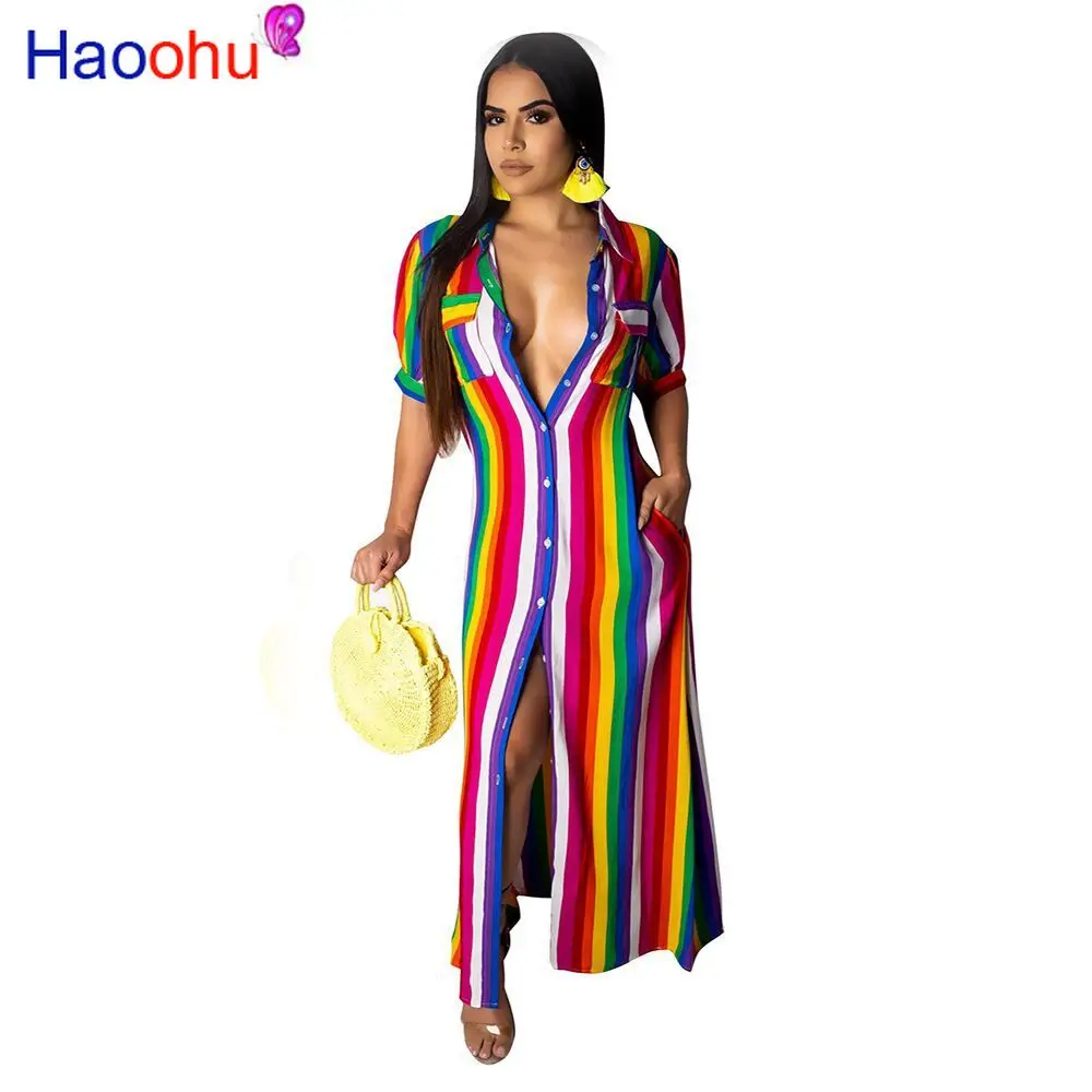 HAOOHU Colorful Rainbow Striped Loose Maxi Dress Women Autumn Button Up Pockets Elegant Party Dresses Casual Long Shirt Dress
HAOOHU Colorful Rainbow Striped Loose Maxi Dress Women Autumn Button Up Pockets Elegant Party Dresses Casual Long Shirt Dress