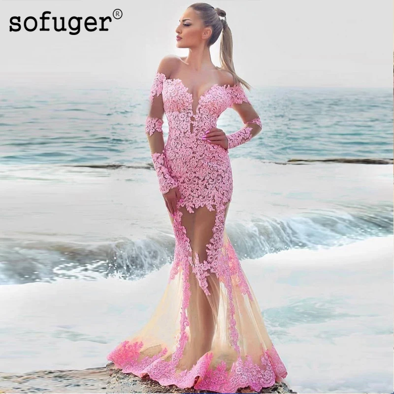 Pink Lace Sexy Mermaid Back Illusion Appliques Evening Floor Length Vestidos De Festa Prom Dresses Party Evening Dress
Pink Lace Sexy Mermaid Back Illusion Appliques Evening Floor Length Vestidos De Festa Prom Dresses Party Evening Dress
