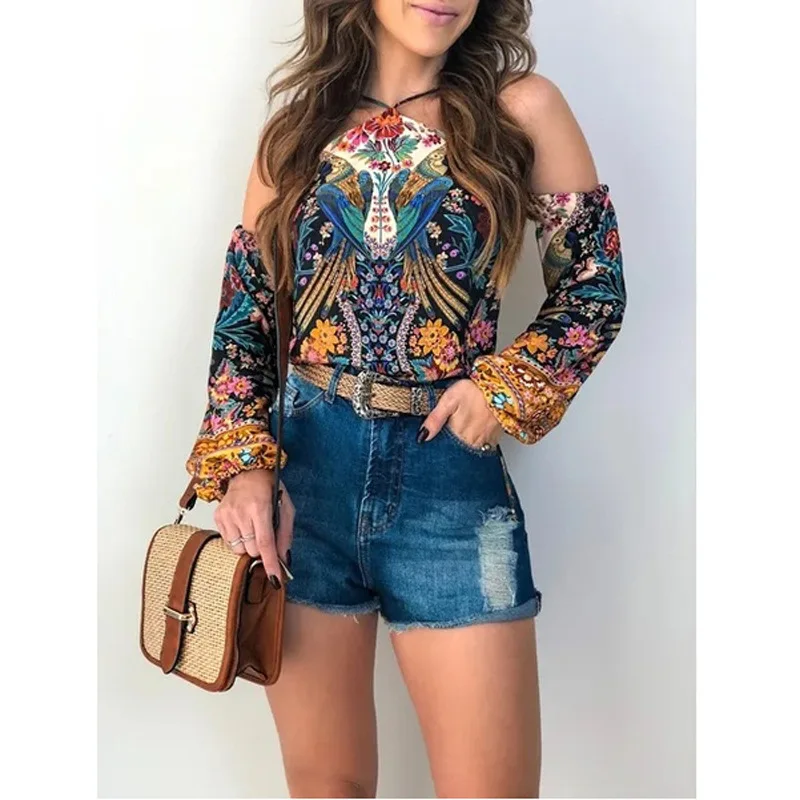 Summer 2019 Women's Shoulder Strap Halter Printed Lantern Sleeve Shirt Fashion Women Blouse Streetwear Go Shopping
Summer 2019 Women's Shoulder Strap Halter Printed Lantern Sleeve Shirt Fashion Women Blouse Streetwear Go Shopping