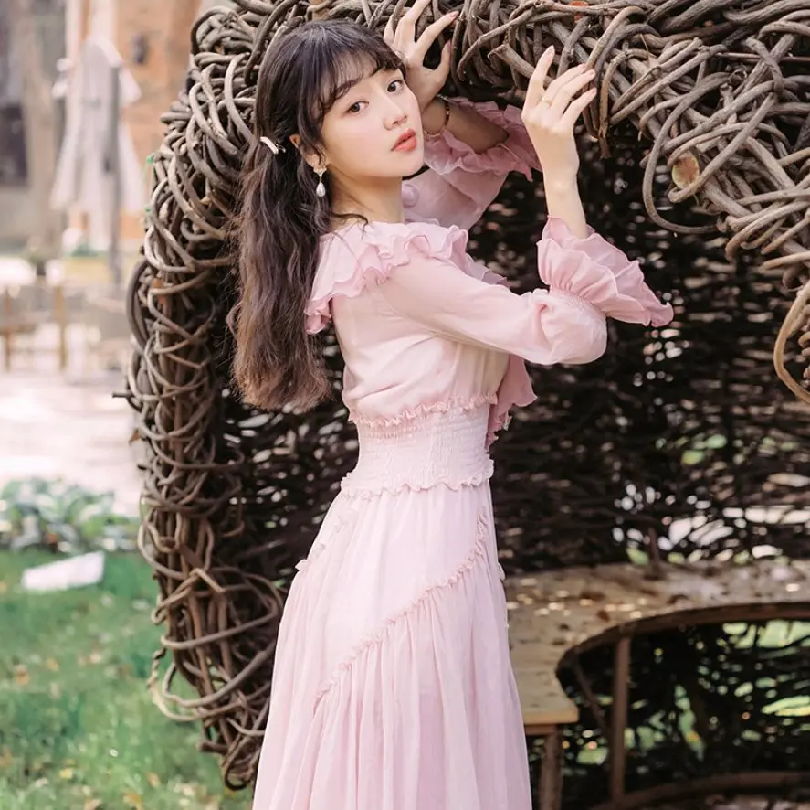 Victorian French Vintage Pink Ruffle Long Dress Irregular Full Sleeve Silm Waist Maxi Dress Robe Femme Vestidos
Victorian French Vintage Pink Ruffle Long Dress Irregular Full Sleeve Silm Waist Maxi Dress Robe Femme Vestidos