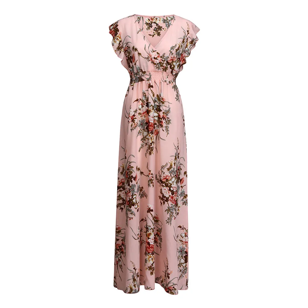 Женское летнее платье-макси с цветочным принтом V-образным вырезом |