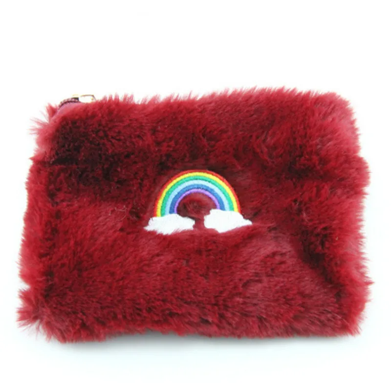 Женский плюшевый Кошелек для монет с мехом радуги Студенческая ручная сумка из