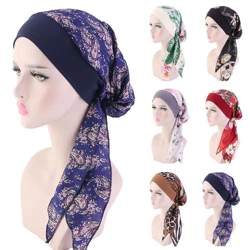 

Womens Muslim Hijab Cancer Chemo Cap Flower Print Hat Turban Cover Hair Loss Head Scarf Wrap Pre-Tied Headwear Strech Bandanas