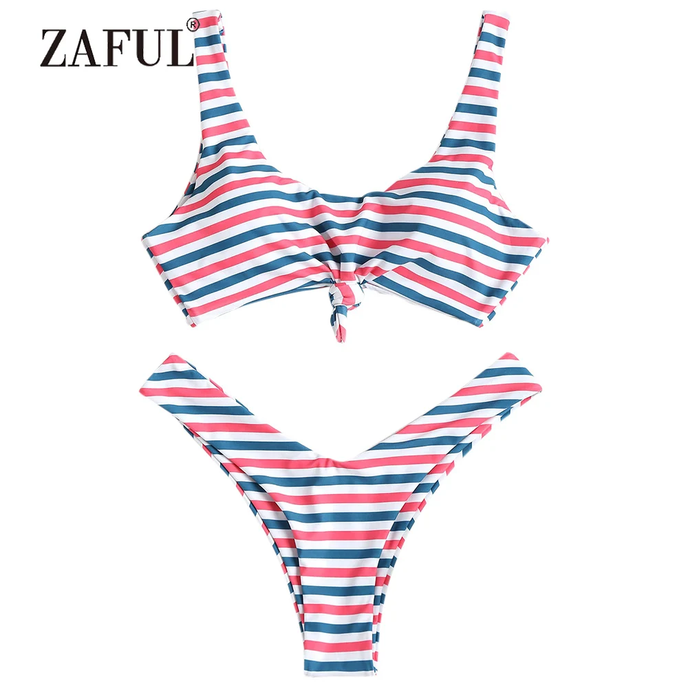 

ZAFUL Bikini Striped Swimwear Women High Cut Swimsuit Sexy Low Waisted Scoop Neck Padded Swimwear Bathing Suit Thong Biuqni