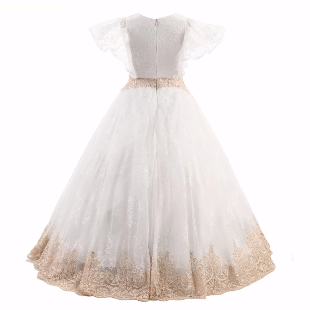 EXNY Романтический шампанское Платье с кружевными цветами для девочек свадьбы