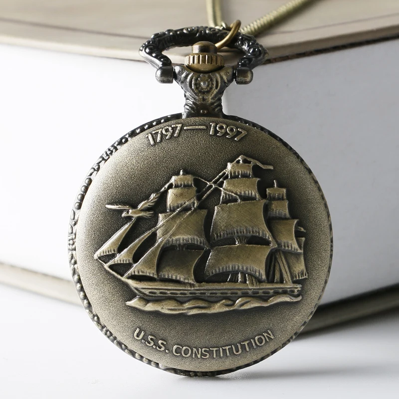

Antique 1797-1997 US Constitution Sailing Canvas Boat Ship Design Quartz Pocket Watch With Necklace Chain Gift Pendant
