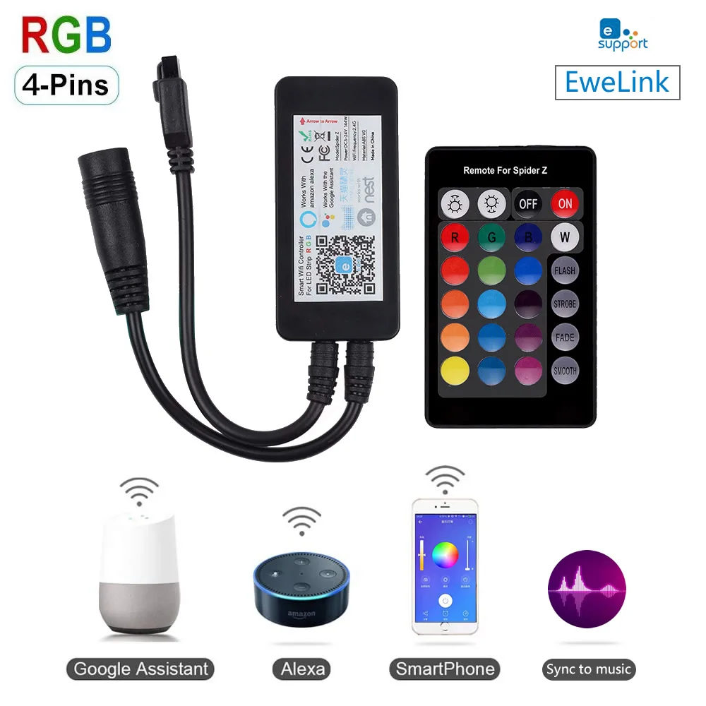 Ewelink RGB LED STRIP WIFI CONTROLLER+IR REMOTEStrip light controller for smart life work with Amazon Alexa and Google home
Ewelink RGB LED STRIP WIFI CONTROLLER+IR REMOTEStrip light controller for smart life work with Amazon Alexa and Google home