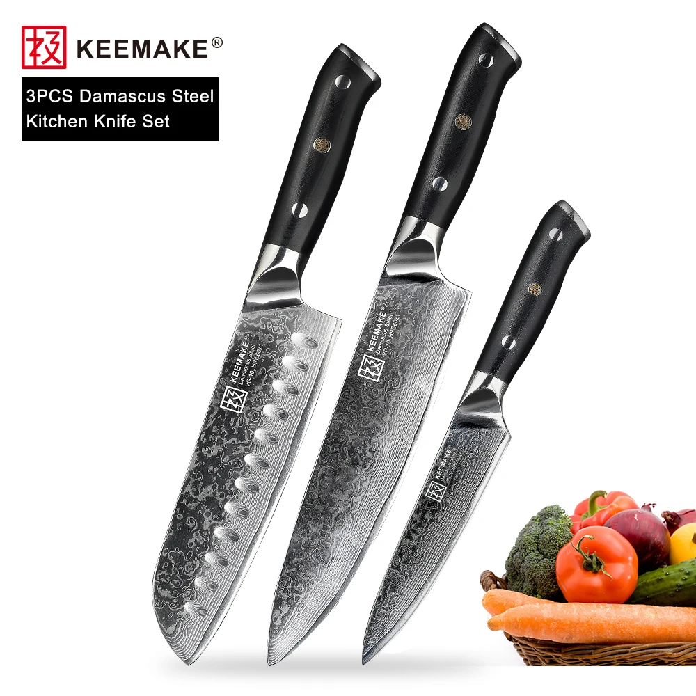 KEEMAKE 3 шт. набор кухонных ножей Santoku шеф-повара универсальный нож японский VG10 Дамасская Сталь Бритва острые кухонные ножи G10 Ручка
KEEMAKE 3 шт. набор кухонных ножей Santoku шеф-повара универсальный нож японский VG10 Дамасская Сталь Бритва острые кухонные ножи G10 Ручка
