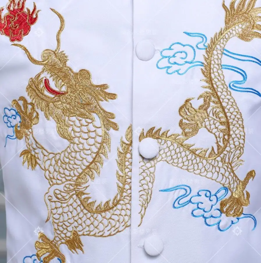 Men's slim Black white big dragon embroidered stand collar suit Chinese tunic suit chorus performance suit singer stage costumes
Men's slim Black white big dragon embroidered stand collar suit Chinese tunic suit chorus performance suit singer stage costumes