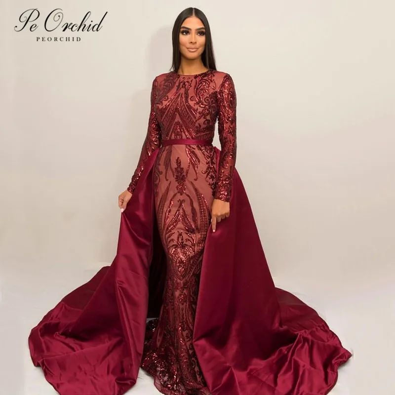 PEORCHID Burgundy/Green Sequin Evening Dress Dubai Elegant Party Long Sleeve Mermaid Evening Gown With Detachable Train 2019
PEORCHID Burgundy/Green Sequin Evening Dress Dubai Elegant Party Long Sleeve Mermaid Evening Gown With Detachable Train 2019