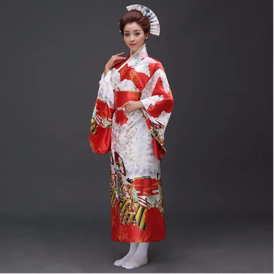 Горячая Распродажа красное японское Национальное женское кимоно юката с Obi